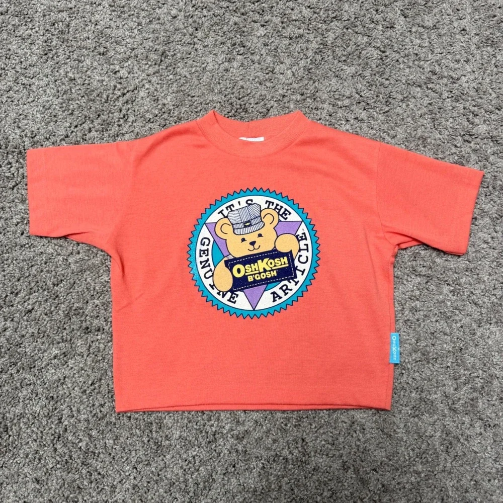 Vintage OshKosh B'Gosh Train Bear Graphic T-Shirt Coral Pink USA Toddler 2T